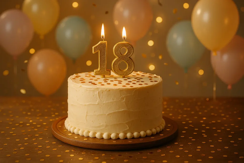 עוגת יום הולדת חגיגית עם המספר 18 ונרות