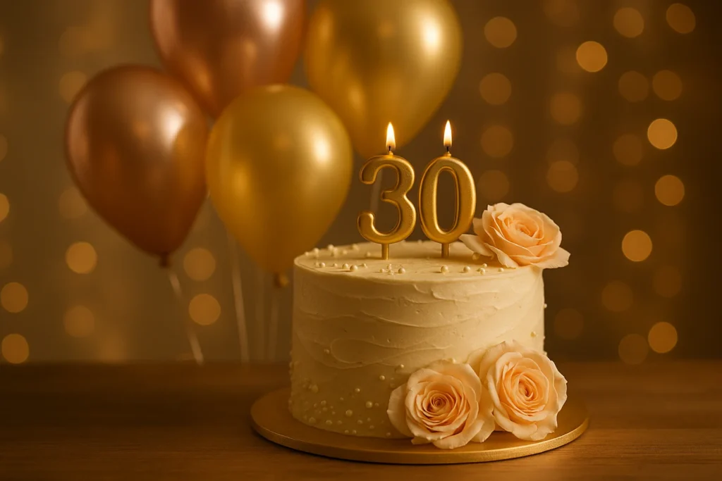 עוגת יום הולדת אלגנטית עם נר המספר 30 ובלונים זהב ורוז גולד