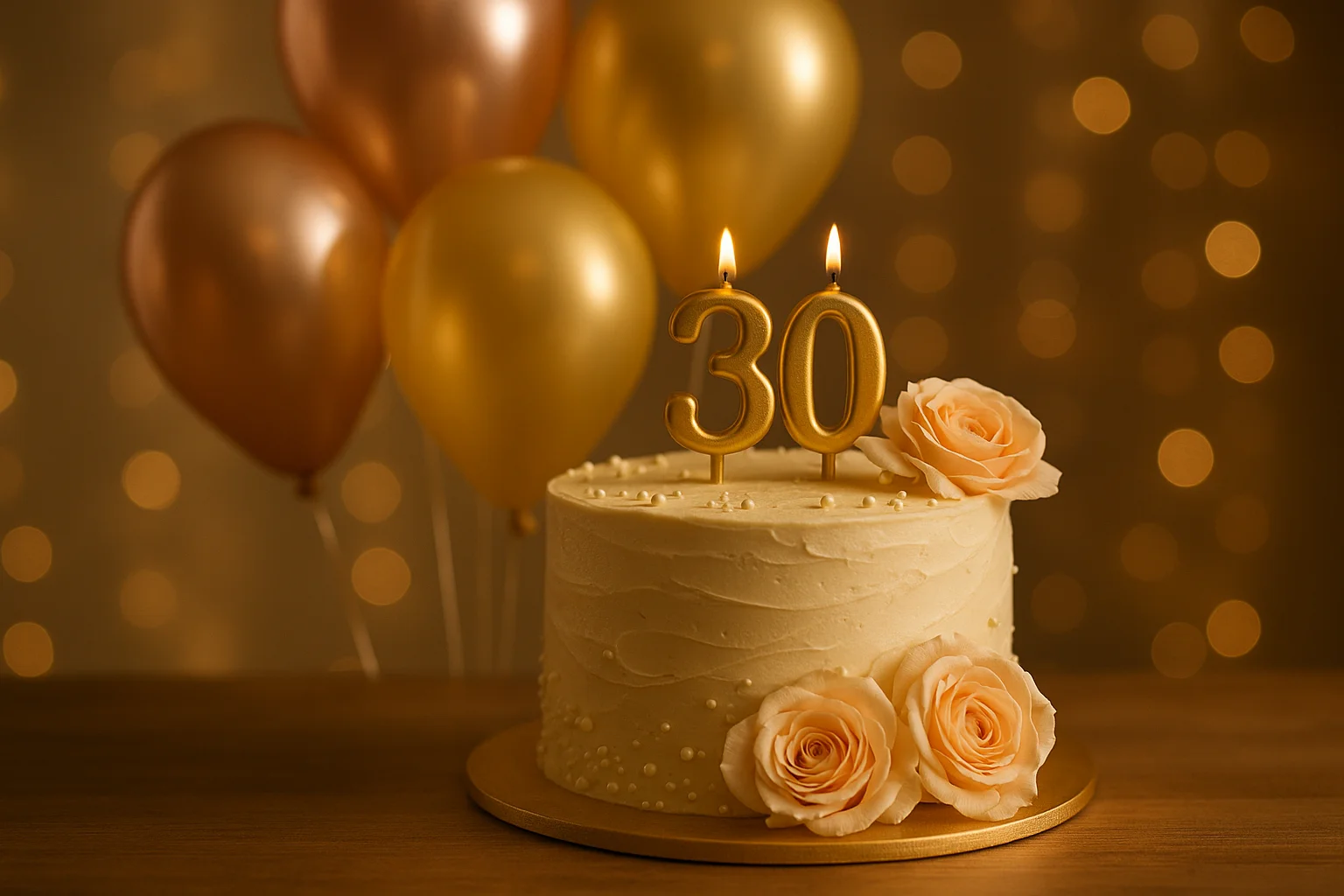 עוגת יום הולדת אלגנטית עם נר המספר 30 ובלונים זהב ורוז גולד