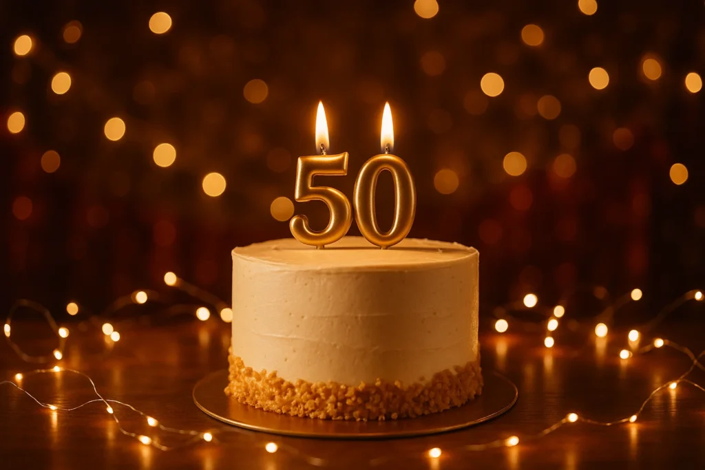 עוגה חגיגית ליום הולדת 50 עם נרות ועוגה חמים