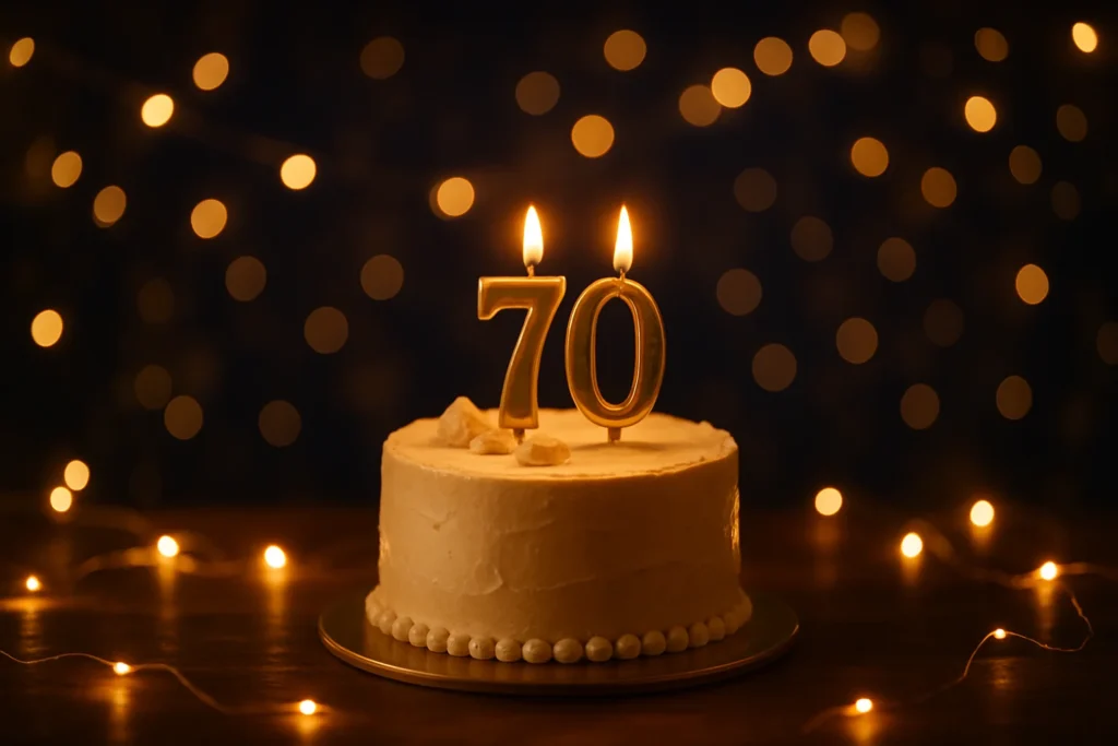 עוגה חגיגית ליום הולדת 70 עם נרות ועוגה חמים