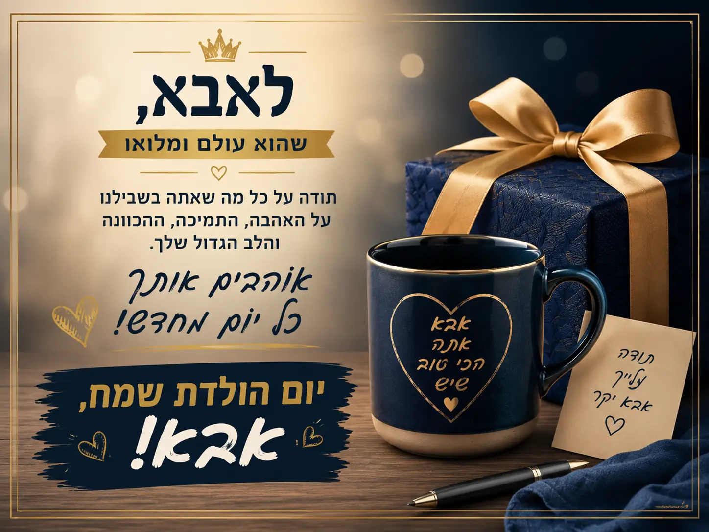 כרטיס ברכה לאבא – לאבא שהוא עולם ומלואו, תודה על האהבה והתמיכה, עם ספל ומתנה בכחול וזהב