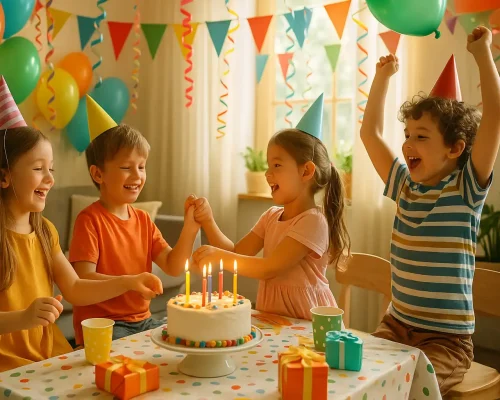 מסיבת יום הולדת שמחה לילדים בבית עם בלונים ועוגה