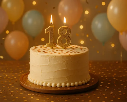 עוגת יום הולדת חגיגית עם המספר 18 ונרות