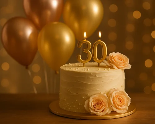עוגת יום הולדת אלגנטית עם נר המספר 30 ובלונים זהב ורוז גולד