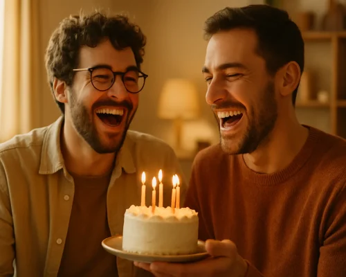 שני חברים חוגגים יום הולדת יחד, צוחקים לצד עוגה עם נרות