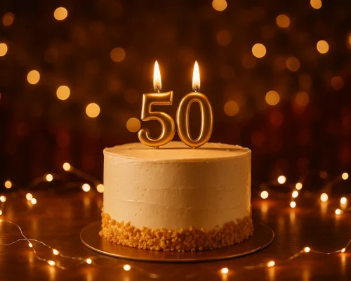 עוגה חגיגית ליום הולדת 50 עם נרות ועוגה חמים