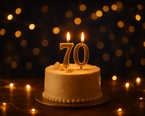 עוגה חגיגית ליום הולדת 70 עם נרות ועוגה חמים